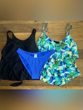 SHADE & SHORE Set of 2 top tankinis and Bright Blue Bikini Bottom & Floral Swim